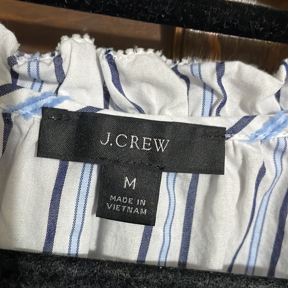 J. Crew blue striped cotton peasant blouse M medium navy white splint neck - Picture 2 of 5
